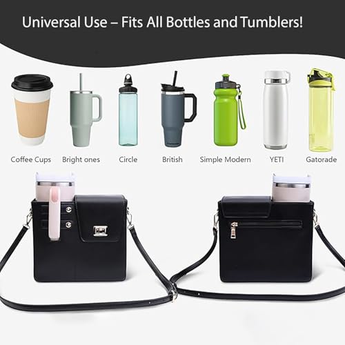 Image of House of Quirk Outdoor Portable Crossbody Tumbler Holder Bag with Purse Compartment - Travel Water Bottle Carrier for Hiking, Walking, Camping (Black)