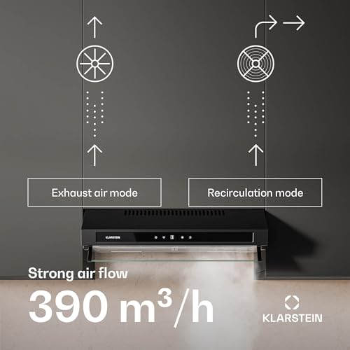 Klarstein Purista Force Okap kuchenny do zabudowy, 60 cm, wydajność powietrza 400 m³/h, podwójna technologia silnika, panel dotykowy LED, efektywność energetyczna C, czarny
