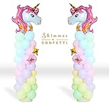 Shimmer and Confetti 2 Columns XL Sturdy Base, Poles and Unicorn Balloons Size 5 Feet Tall, 11-pound Water-Fillable Base, 2 Giant Unicorn Balloons, 90 Pastel Balloons, Stars, Pump, Glue Dots, Ribbons