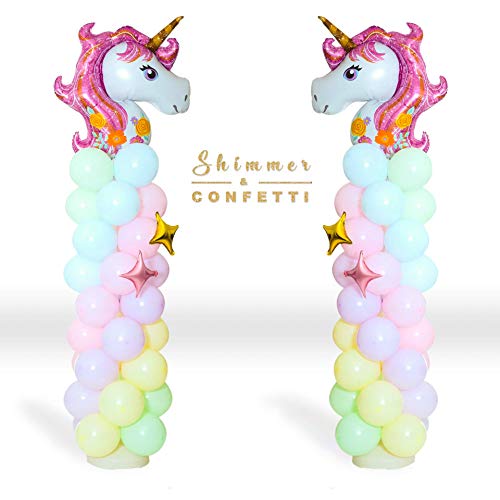Shimmer and Confetti 2 Columns XL Sturdy Base, Poles and Unicorn Balloons Size 5 Feet Tall, 11-pound Water-Fillable Base, 2 Giant Unicorn Balloons, 90 Pastel Balloons, Stars, Pump, Glue, Ribbons