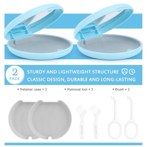 2 Pack Zahnspangendosen mit Spiegel, Schlanke Aligner Hüllen, Magnetverschluss für kieferorthopädische Aufbewahrungsboxen, Zahnschienen Box mit Halter Entferner und Bürsten. (Blau-Blau)