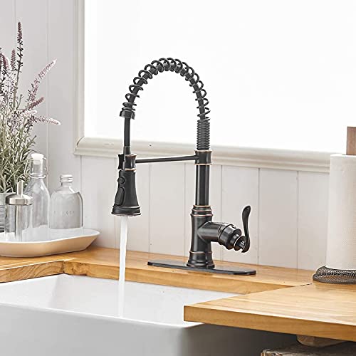 Bathfinesse Kitchen Sink Faucet With Deck Plate Single Handle With Pull Down Sprayer Spring 3 Function Kitchen Faucet High Arc Gooseneck Farmhouse Commercial Bar Pull Out Oil Rubbed Bronze #TOP1
