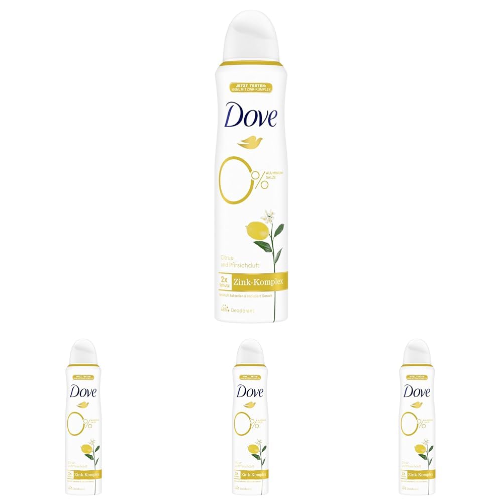 Dove Deodorant-Spray Citrus- und Pfirsichduft Deo mit pflegendem Zink-Komplex und 0% Aluminiumsalzen 150 ml (Packung mit 4)