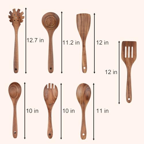 7 pcs Wooden Spoons for Cooking, Long Handle Teak Wooden Spoons,Wooden Kitchen Utensil Set - Image 2