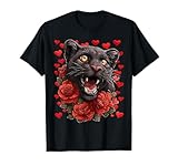 Linda Pantera con Rosas Rojas Corazones Día de San Valentín Animal Camiseta