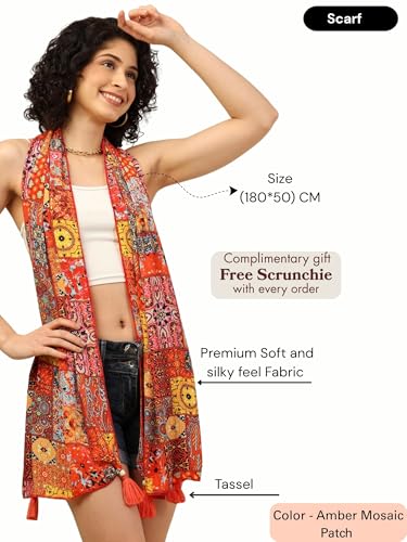Image of KE KANHA EXPORTS Scarf for Women Boho | Border Print Stylish | Stole for Women Breathable Summer Beach Wrap with Tassels | Multicolour |180 x 50 cm FREE Scrunchie Included