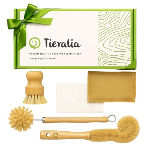 Tieralia Bamboo Dish Brush Gift Set – 5-Piece Kitchen Cleaning