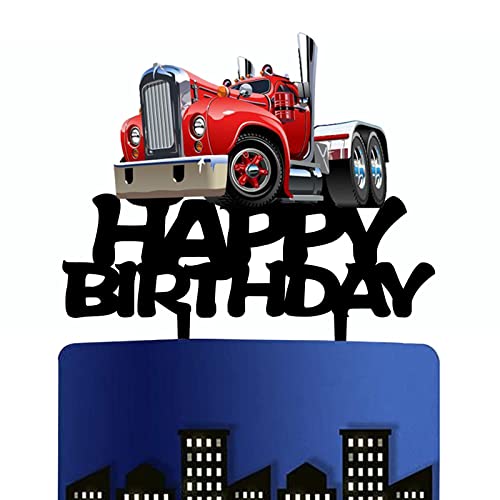 Heavy Truck Cake Topper Black Acrylic Transportation Theme Birthday Supplies, Heavy Truck Happy Birthday Cake Topper For Kid's Boy's Men' Birthday Party Decorations（Red） #TOP6