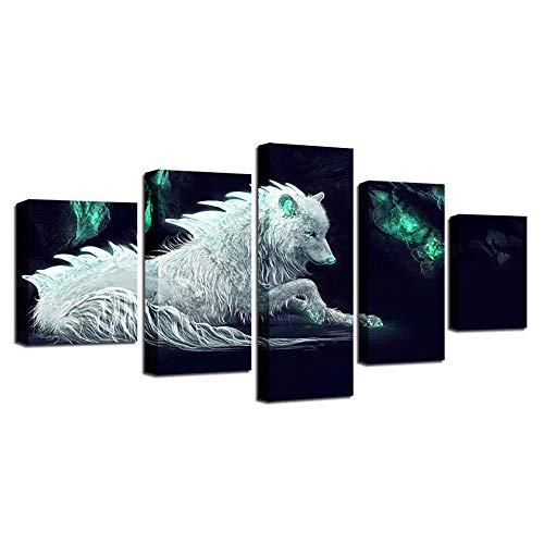 Toile loup blanc imprimée en 5 panneaux pour créer une ambiance nordique dans votre salon