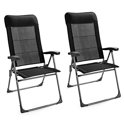 Image of Tangkula 2 Pieces Patio Dining Chairs, Folding Portable Chairs with Adjustable Backrest, Outdoor Camping Chair Set with Armrests & Headrest, Set of 2 Outdoor Lawn Chairs for Yard, Poolside, Balcony