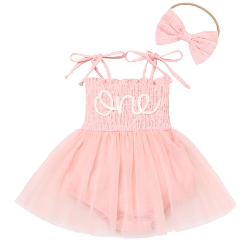 Baby Girls 1st Birthday Outfit Spaghetti Straps Romper Tutu Dress Headband One Year Old Party Cake Smash Photoshoot Outfits Light Pink 12-18 Months