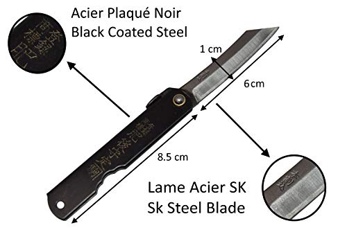 HIGO NO KAMI Couteau de Poche Pliant Artisanal Japonais Warikomi Acier au Carbone SK Manche Noir Fait Main au Japon par Nagao Kanekoma HRC 60 (Lame 6 cm) – vue 2