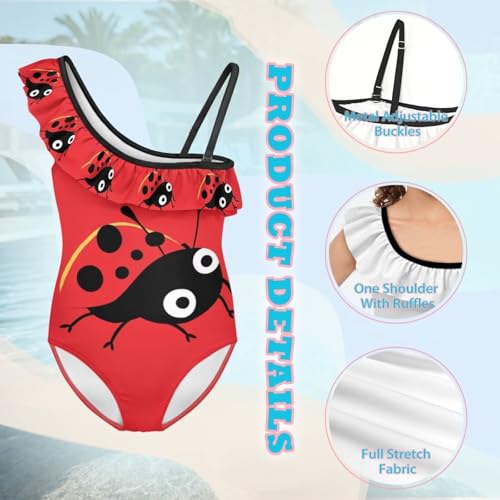 Image of Ladybug Swimsuits for Girls 5-14 One Piece Bathing Suit Kids One Ruffle Shoulder Beach Sport Swimwear