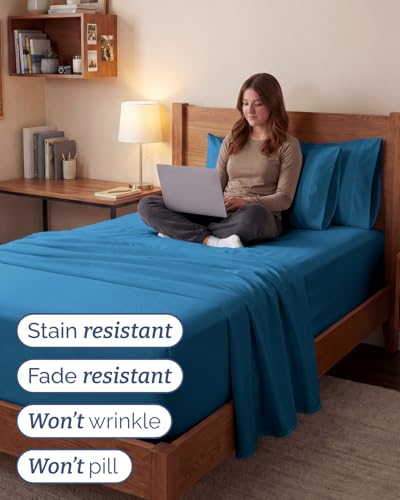 Image of Extra Deep Twin XL Sheet Set - 4 Piece Breathable & Cooling - Denim Blue | Hotel Luxury Bed Sheets Set, Easy & Secure Fit, Ultra-Soft, Wrinkle & Fade Free, Comfy Sheets Set with Extra Deep Pockets