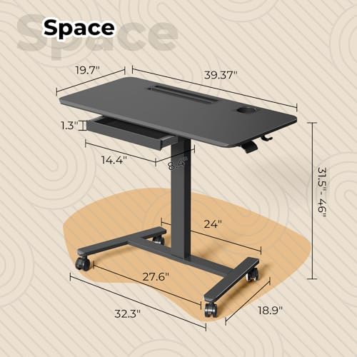 Image of Mobile Standing Desk with Drawer, 40 inch Small Standing Desk with Cup Holder, Rolling Laptop Workstaion on Wheels, Height Adjustable Table with Storage for Home Office, Black