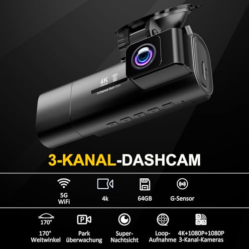 3-Kanal Dashcam Auto 4K+1080P+1080P Vorne Innen Hinten, 3,16" IPS Bildschirm, 5G WLAN mit 64GB SD-Karte, Nachtsicht, G-Sensor, Loop-Aufnahme, 170°-Weitwinkel, 24H Parküberwachung 2