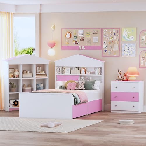 Bovza3piecekidsbedroomsettwinsizehouseshapedbedwithstorageheadboardanddrawerscolorblocknightstandand9compartmentbookshelfforboysandgirlspinkwhite  Urban Country Home Decor Bovza 3 piece kids bedroom set twin size house shaped bed with storage headboard and drawers colorblock nightstand and 9 compartment book shelf for boys and girls pink white  urban country home decor