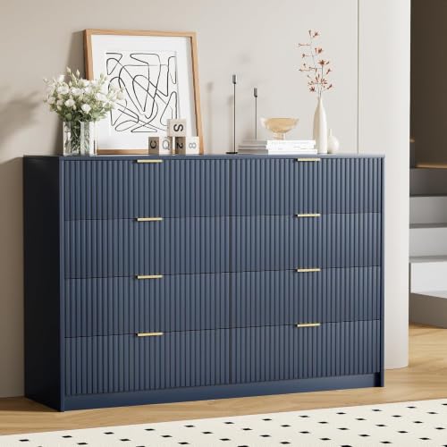 Image of Furniway 3 Piece Bedroom Set, 8 Drawer Dresser and 3-Drawer Nightstand Set of 2 with Gold Handles, Navy Blue Modern Wood Chest of Drawers Storage Cabinet for Bedroom