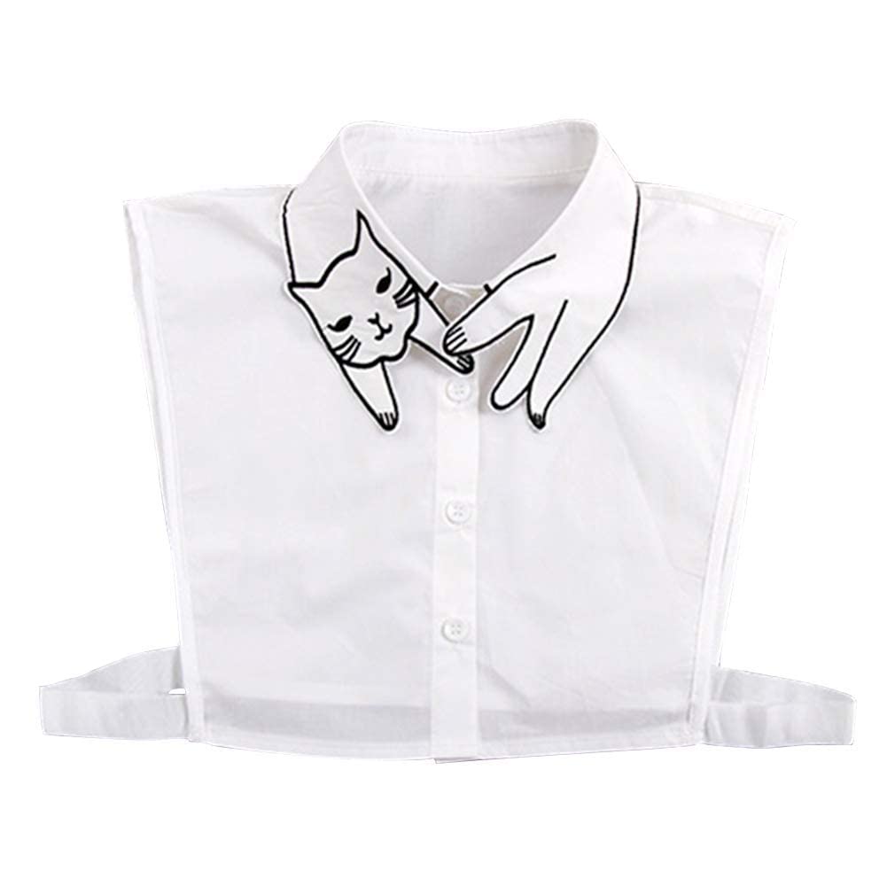 Mural Art Women's Stylish Detachable Half Shirt Blouse False Collar Embroidery Cotton Shirt Dickey Collar (Cat)