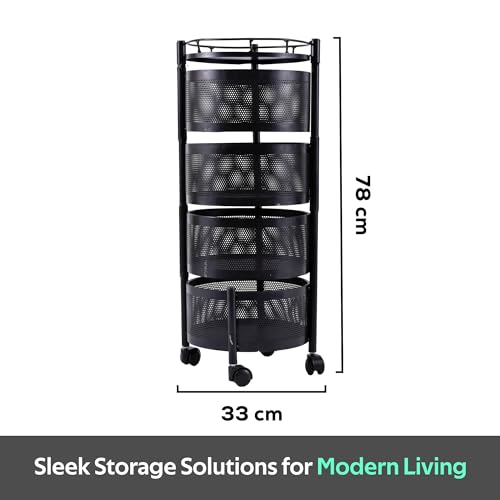 Image of Kuber Industries Storage Rack | 4-Layer Round Multipurpose Storage Trolley with Wheels | Rotating Vegetable Kitchen Rack | Kitchen Cabinet Spice Rack | Metal Fruit Storage Rack | Black