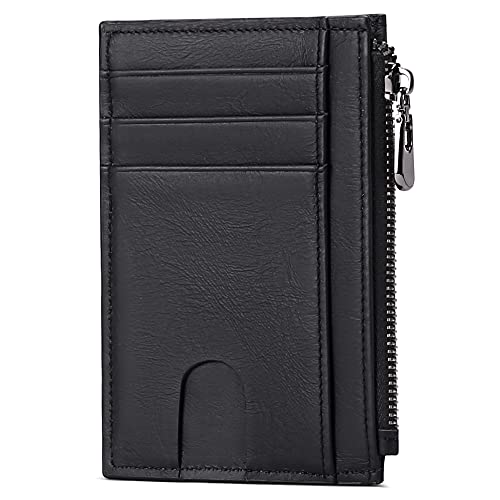 GOIACII Genuine Leather Minimalist Wallet for Men Purse Pouch Slim Front Pocket RFID Blocking ID Window 6 Credit Debit Card Holder Zipper with Gift Box (Black), 206