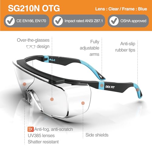 DEX FIT Safety Over Glasses SG210 OTG; Fit Over Your Eyewear, Z87 Eye Protection, 3X Fog & Scratch Resistant (N Blue)