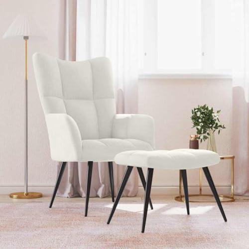 sephironlbb Sillón de relajación con taburete, terciopelo blanco crema, estructura de acero, diseño moderno para salón y dormitorio, sillón de salón cómodo con reposapiés