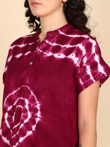 Image of Maaesa Women Handmade Regular Fit Tie-Dye Rayon Top | Casual Wear & Office Wear | Short Sleeve | Mandarin Neck | Lightweight & Breathable Fabric