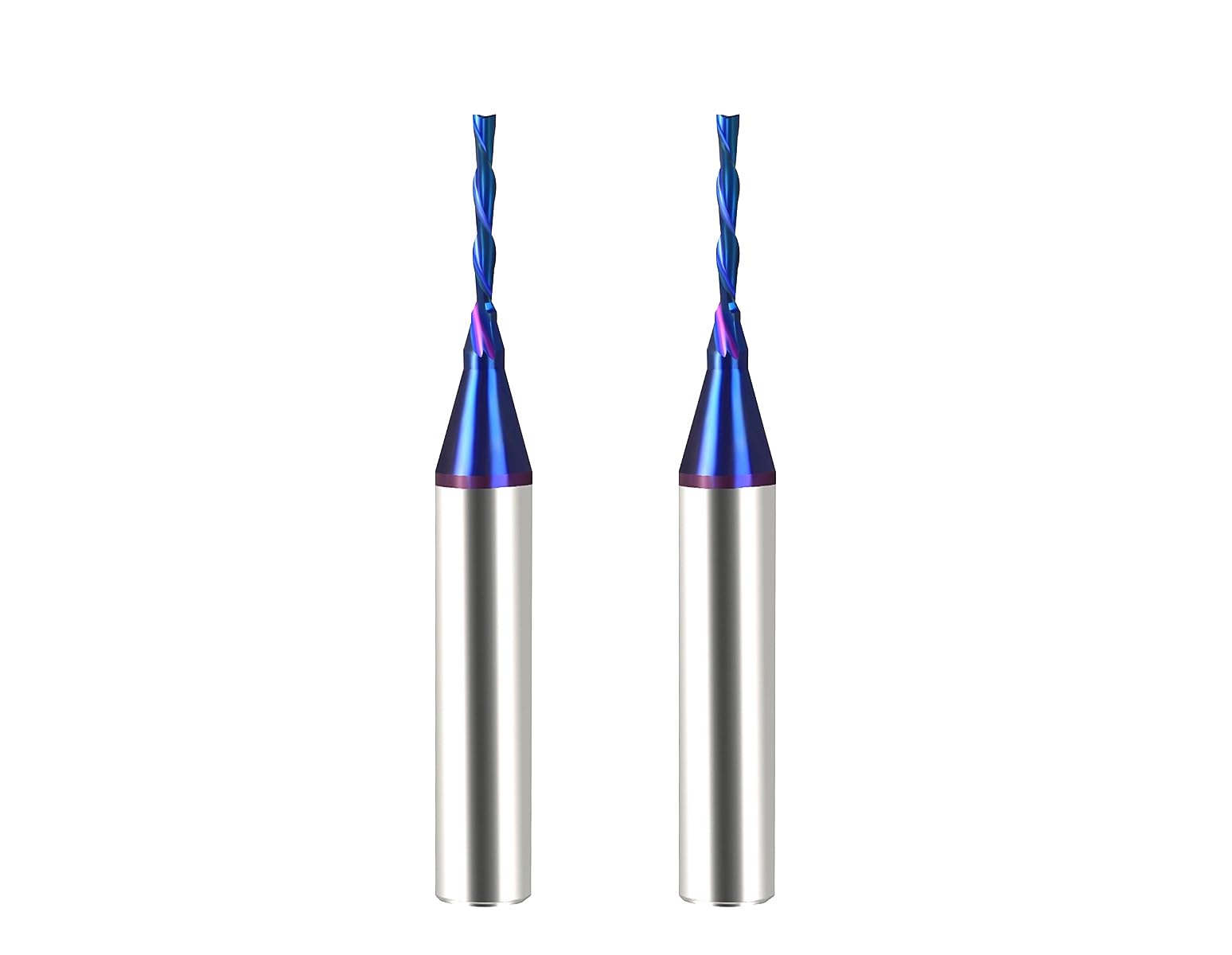 DashHound 2PCS Solid Carbide Spiral Plunge Down Cut 1/16 inch Cutting Dia 1/4 inch Shank Solid Carbide End Mill with Nanco Blue Coating CNC Router Bits for Wood Cut 3D Carving Engraving BRD222
