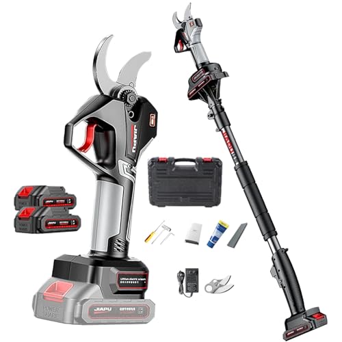 Tijeras de podar eléctricas, tijeras de podar eléctricas con pértiga telescópica de 2,1 m, 2 podadoras inalámbricas a batería, tijeras de podar con menos esfuerzo y eficientes para setos, arbustos y