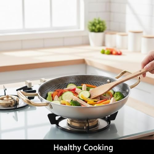 Image of Crega Stainless Steel Honeycomb Kadai Non Stick Fry Pan Deep Fry Pan Wok Kadai Pan Steel Karahi Cooking Pan with Gold Side Handles for Stir Fry Saute Frying Curry Gravy Indian Kitchen Cookware