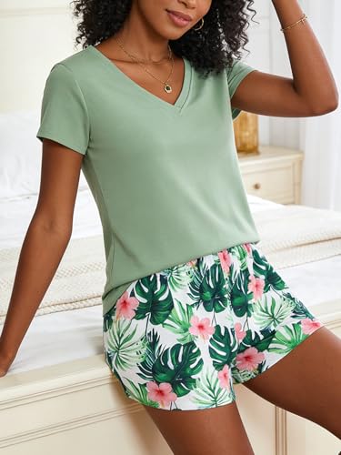 Image of VENTELAN Pajama Set For Women Cute PJS Summer Short Sleeve Shorts Sleepwear