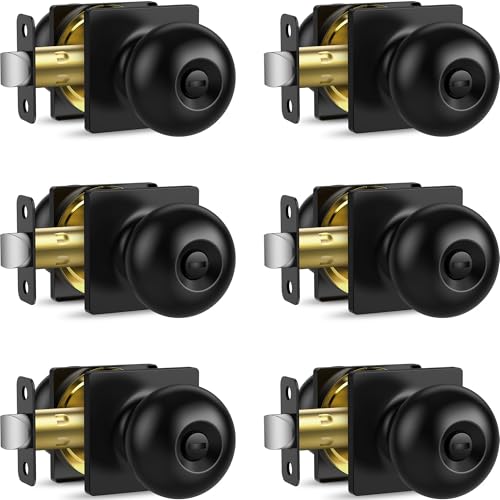 Plustool 6 Pack Privacy Door Knobs Interior, Matte Black Keyless Door Locks for Bedrooms Bathrooms - ANSI Grade-3 Certified Square Modern Locking Doorknob - Round Door Knob with Lock, Heavy Duty