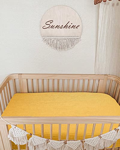 Image of Mini Crib Sheets for Baby, Fitted Pack N Play Mattress and Mini Cribs 24 inch x 38 inch, Neutral Muslin Cotton Mini Crib Mattress Sheet with Boho Style, Soft and Breathable Comfort (Mustard Yellow)