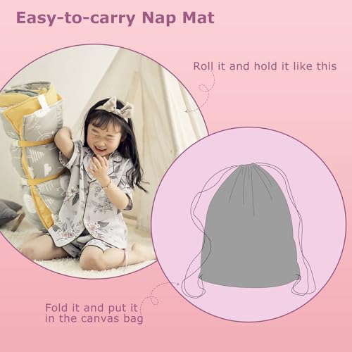 Image of Toddlers Nap Mat with Removable Pillow and Soft Blanket, Lightweight Daycare Preschool Kindergarten Sleeping Bag, Travel Slumber for Kids Girls Boys (Pink Flowers)