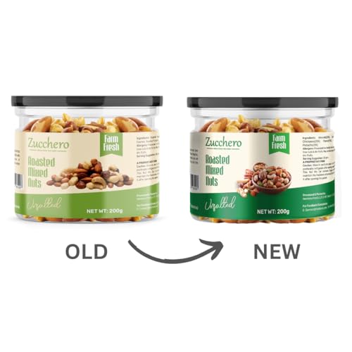 Image of Zucchero Roasted Nut Mix, Unsalted, 200g (California Almond, Cashew (W240), White Chikpeas, Bold Peanuts, Pistachio, Black Raisins) - Oil-Free Roasting | No added Salt | High Protein | Roasted Dry Fruit | Jumbo Quality | Brainy Nuts | Preservative free | Zero Cholesterol