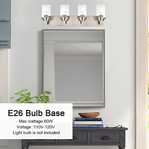 Image of MELUCEE 4 Lights Vanity Light Brushed Nickel Modern Bathroom Lighting Fixtures Over Mirror with Clear Glass Shade, Industrial Wall Lights for Mirror Cabinet Kitchen
