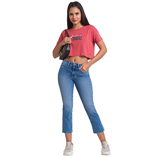 Image of Spykar Olive Green Cotton Blend Three-Fourth Sleeve Printed Casual T-Shirt for Women