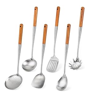FJNATINH Wok Spatula, Ladle, Slotted Spoon and Serving Spoon Set, 43.2 cm, 6 Pieces Wok Shovel Set, 304 Stainless Steel