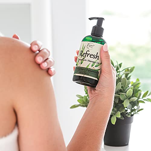 Refresh Massage Oil With Eucalyptus & Peppermint Essential Oils - Great For Massage Therapy. All Natural Muscle Relaxer. Ideal For Full Body Massage – Nut Free Formula 8Oz #TOP1