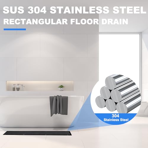 Gugxiom 60 cm Duschrinne, 304 Edelstahl Einsatz Ablaufrinne Dusche Set, 2 in 1 Panels, mit verstellbaren Füßen & Hair Strainer, für Dusche, Pool und Badroom Drain (Mattes Schwarz)