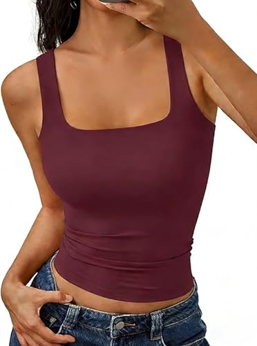 Image of Women Double Lined Tank Tops Workout Cropped Summer Camisole Slim Fit Basic Sleeveless Shirts(Wine Red,M)