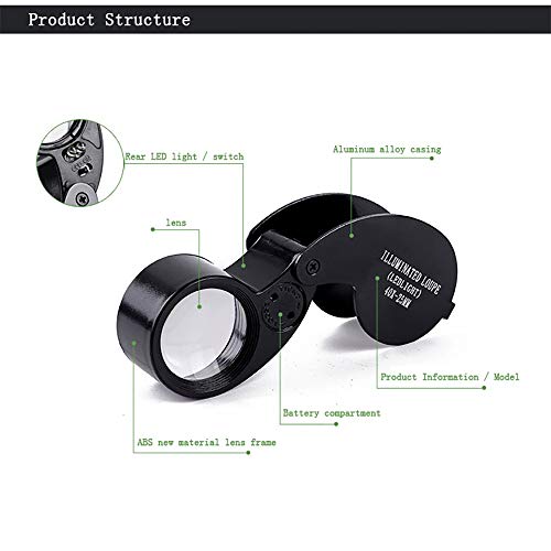 Loupe bijoux 40 fois LED portable noire pour identification de jade