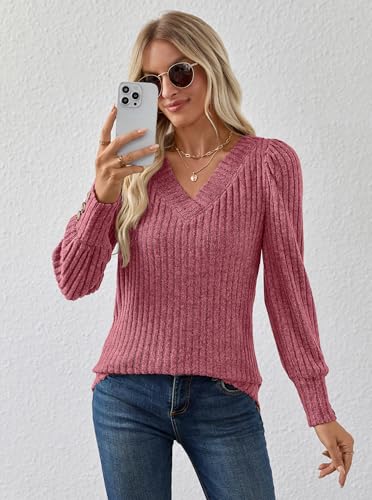 Fayenne Long Sleeve Shirts for Women Business Casual Tops V Neck Puff Sleeve Tunic Knitted Fall Outfits2