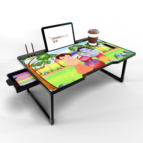 Image of WONDWILD Smart Multipurpose Foldable Laptop Table with Cup Holder, Study Table, Bed Table, Breakfast Table, Foldable and Portable /Ergonomic & Rounded Edges /Non-Slip Legs (ABS BK)