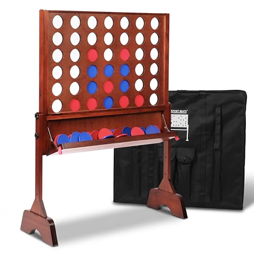 Image of Height Adjustable (2.75-3.75 FT) Giant Wooden 4 in A Row Game | Foldable Tray, 2 Styles of Play: Wall Mounted or Set-up on Ground, Carrying Case, Detachable Legs