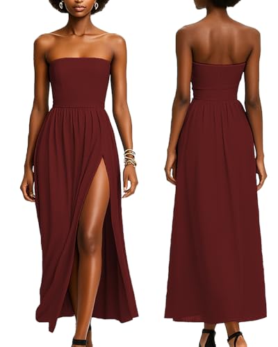 Women's Sexy Strapless Asymmetrical Ruffles High Split Bodycon Midi Dresses Elegant Black Ruched Cocktail Party Dress3