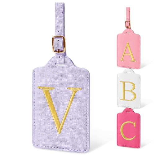 Image of Unique Initial Letter Luggage Tags for Suitcases, Monogrammed Suitcase Luggage Identifier Tag,PU Leather TSA Approved Luggage Tags,Bag Tags for Men Women Kids Luggage Baggage(Purple V)