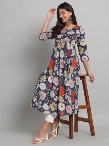 Image of Rapsodia Womens Cotton Green & Brown Floral Printed Flared Kurta