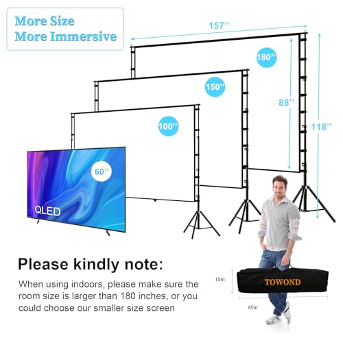 Towond 180 Zoll Leinwand Beamer 160 Grad Betrachtungswinkel 16:9 HD Rear Front, Beamer Leinwand Outdoor mit Stativ und Tragetasche für Home Party Theater Nächte